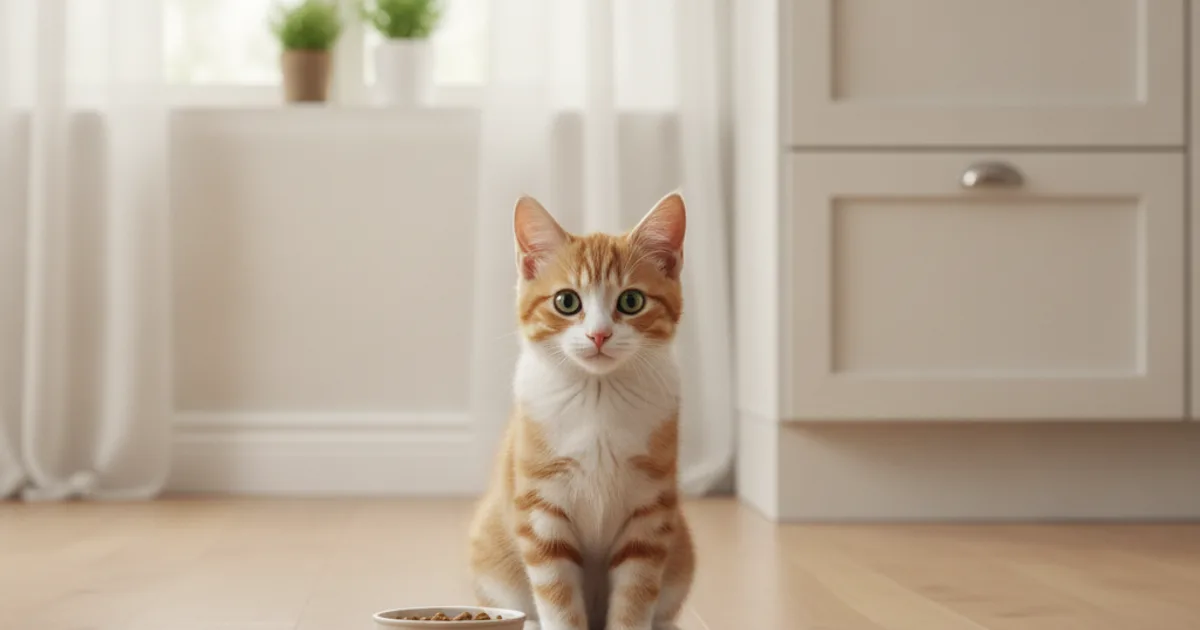 Chaton assis près d'une petite gamelle dans une cuisine claire