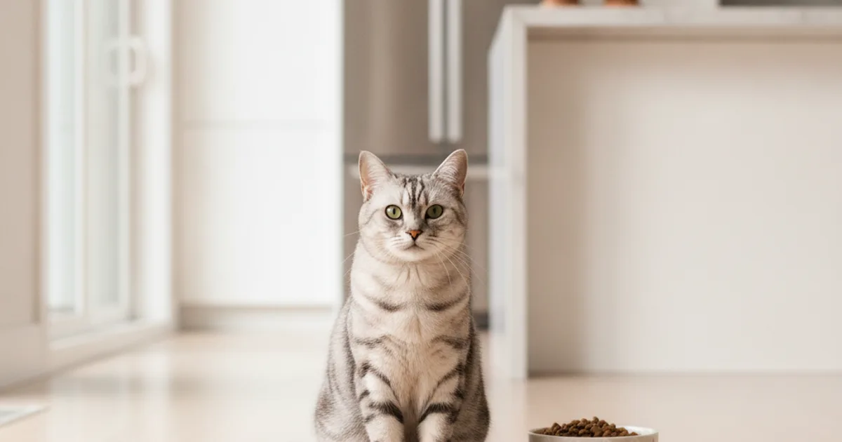 Chat en bonne santé assis près de sa gamelle dans une cuisine claire