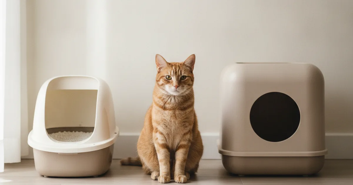 Un chat domestique observant un bac à litière ouvert et une maison de toilette fermée dans un intérieur propre.