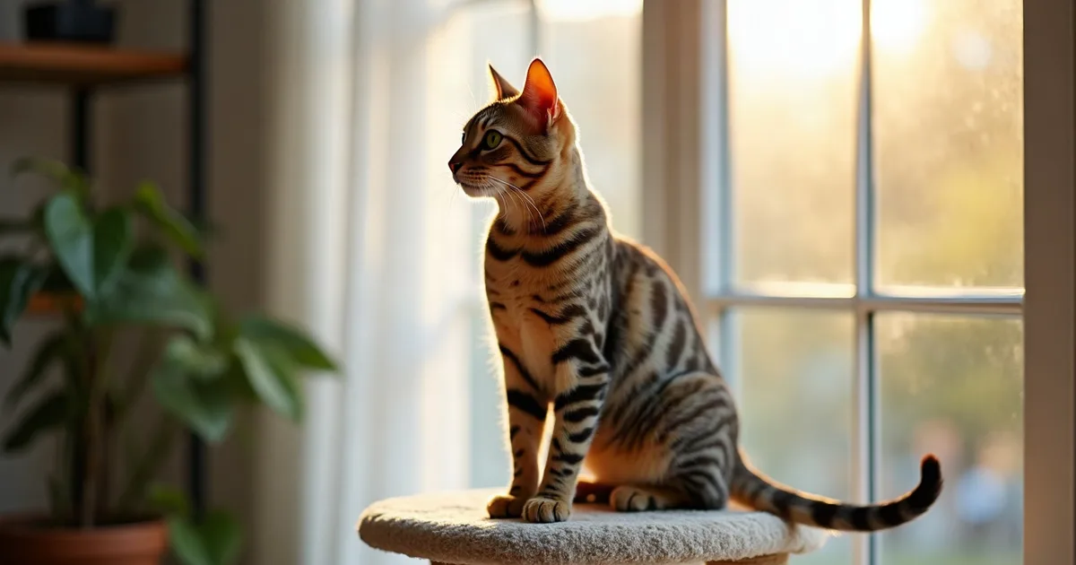 Un chat bengal à la robe tachetée, debout sur un arbre à chat près d'une grande fenêtre.