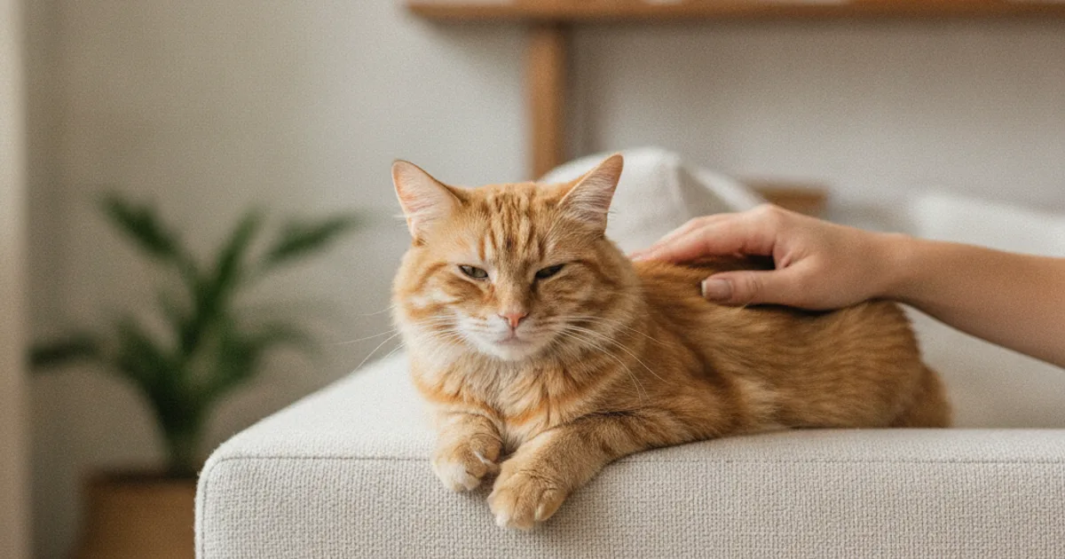 Main caressant un chat détendu sur un canapé