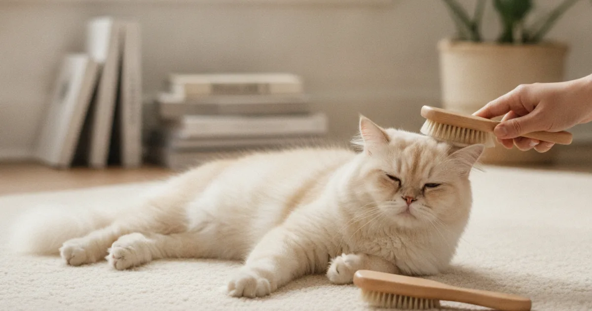 Chat au pelage soyeux détendu pendant un brossage
