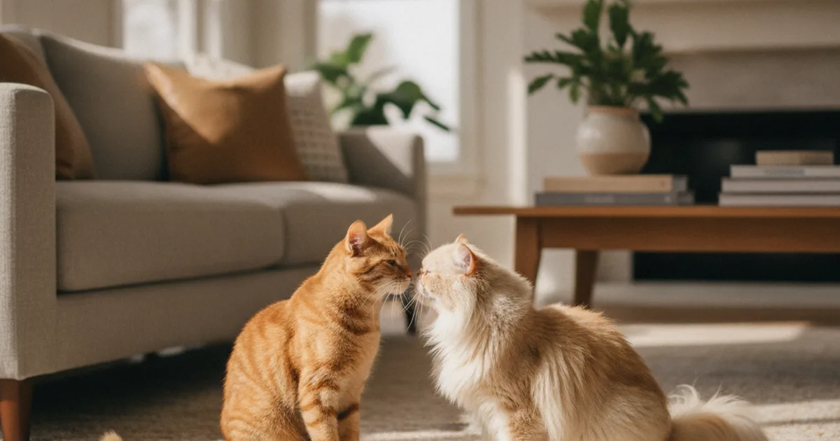 Deux chats qui se rencontrent dans un salon lumineux
