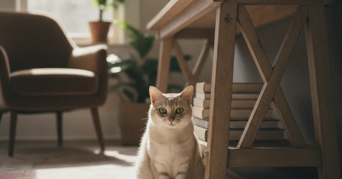 Un chat craintif caché sous un meuble regardant prudemment vers l'extérieur