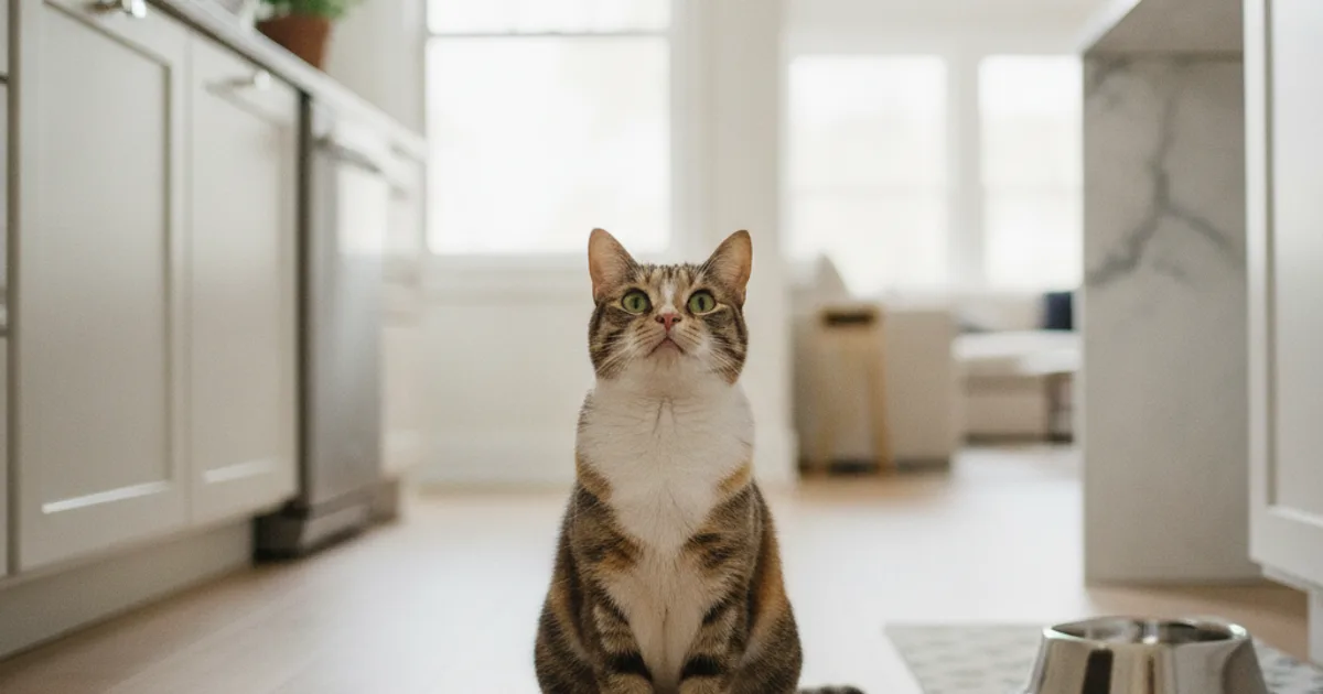Chat assis dans une cuisine, l'air demandeur, près d'une gamelle
