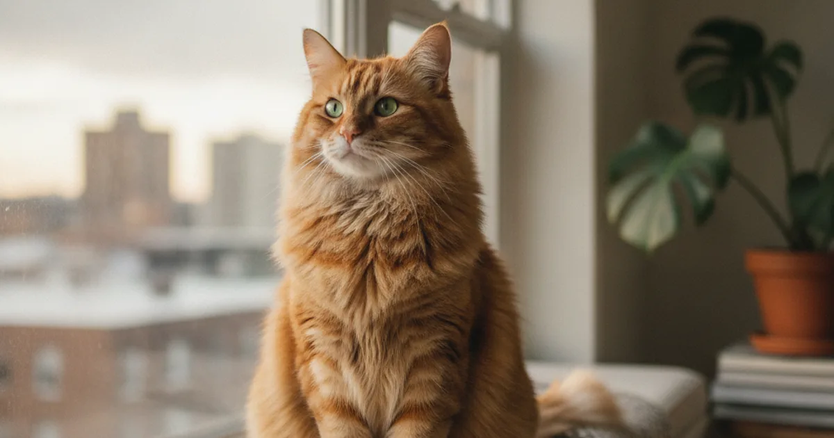 Chat tigré assis près d'une fenêtre d'un appartement moderne regardant dehors