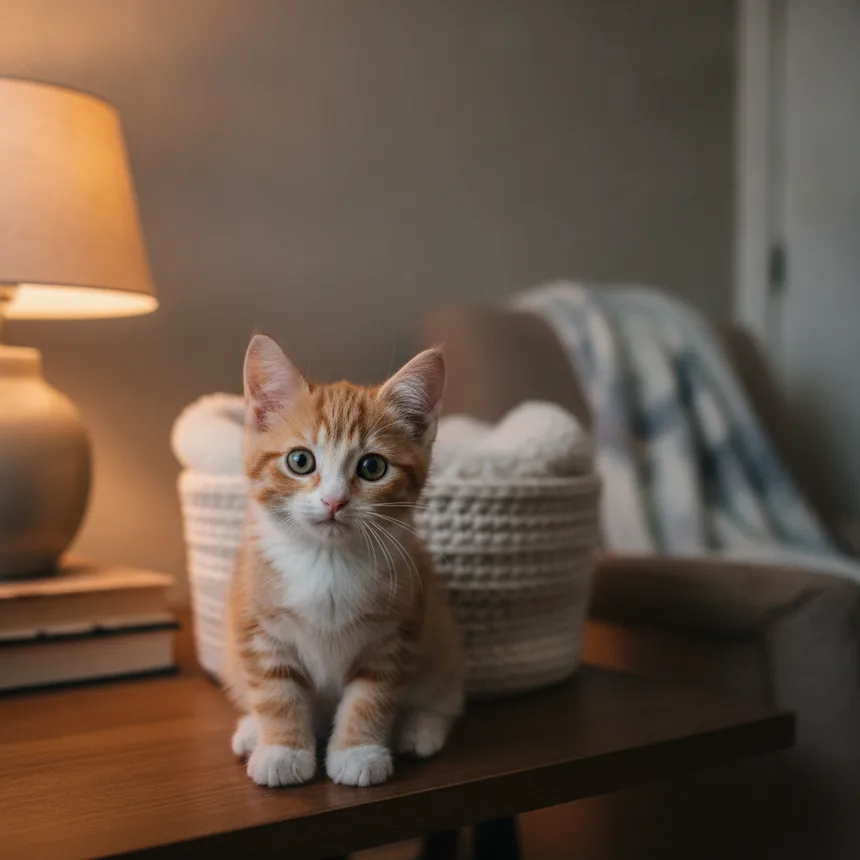 Chaton éveillé le soir près de son panier