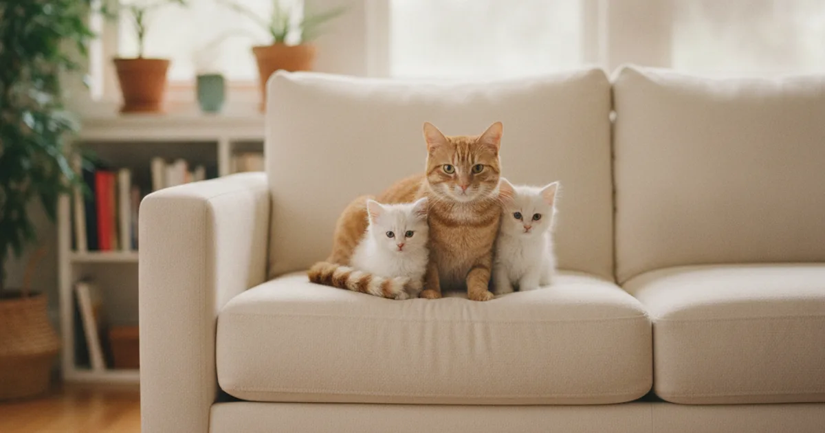 Un chaton et un chat adulte côte à côte dans un salon