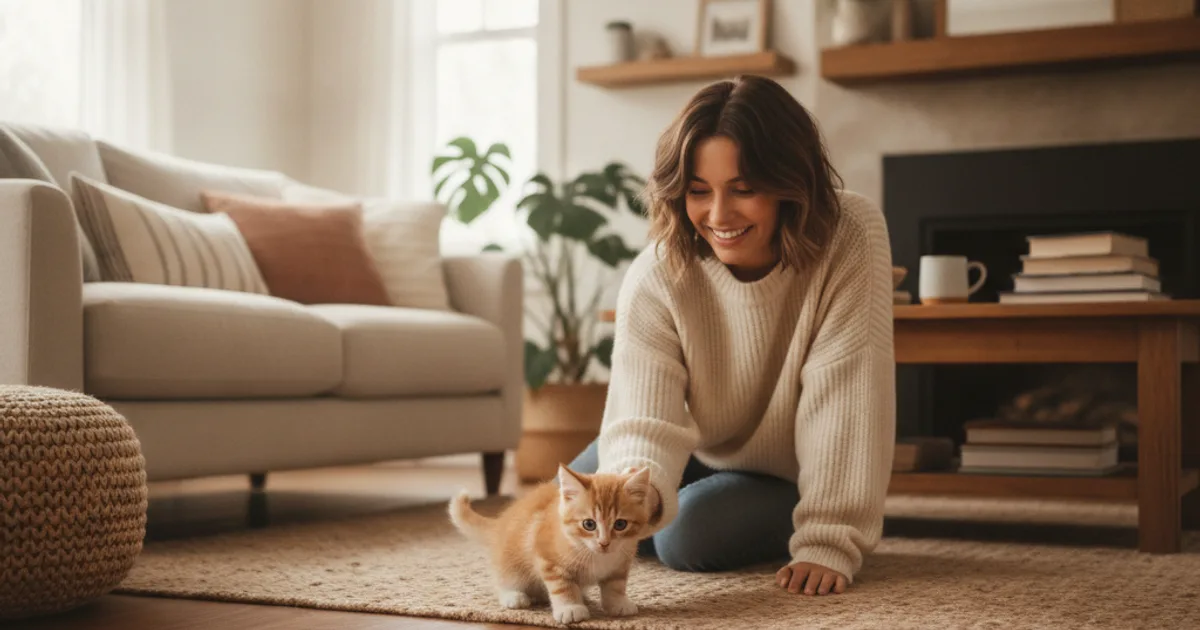 Personne accueillant un chaton dans un salon chaleureux