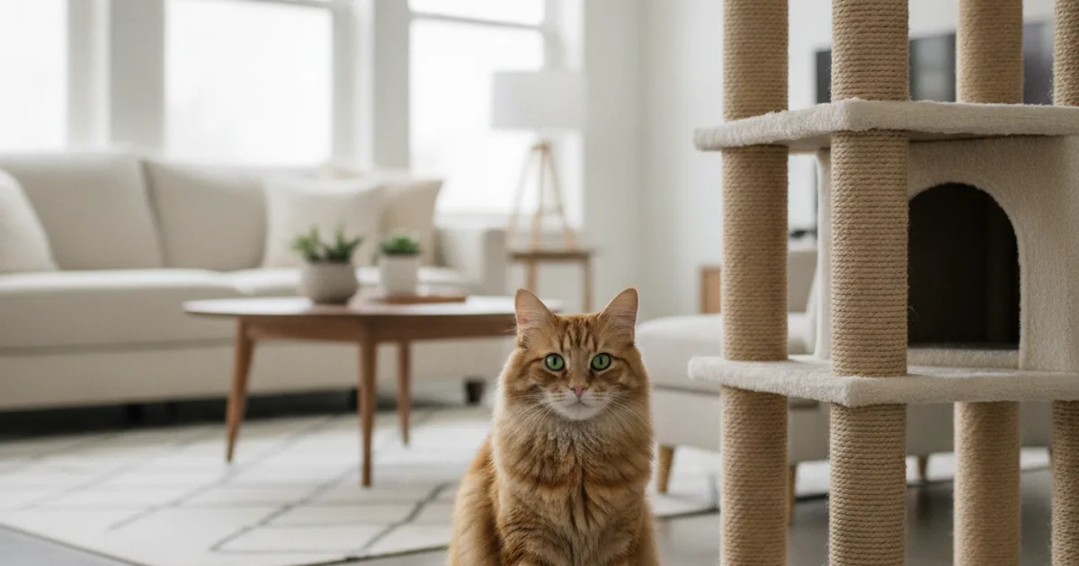 Chat assis à côté d'un grand arbre à chat en sisal dans un salon