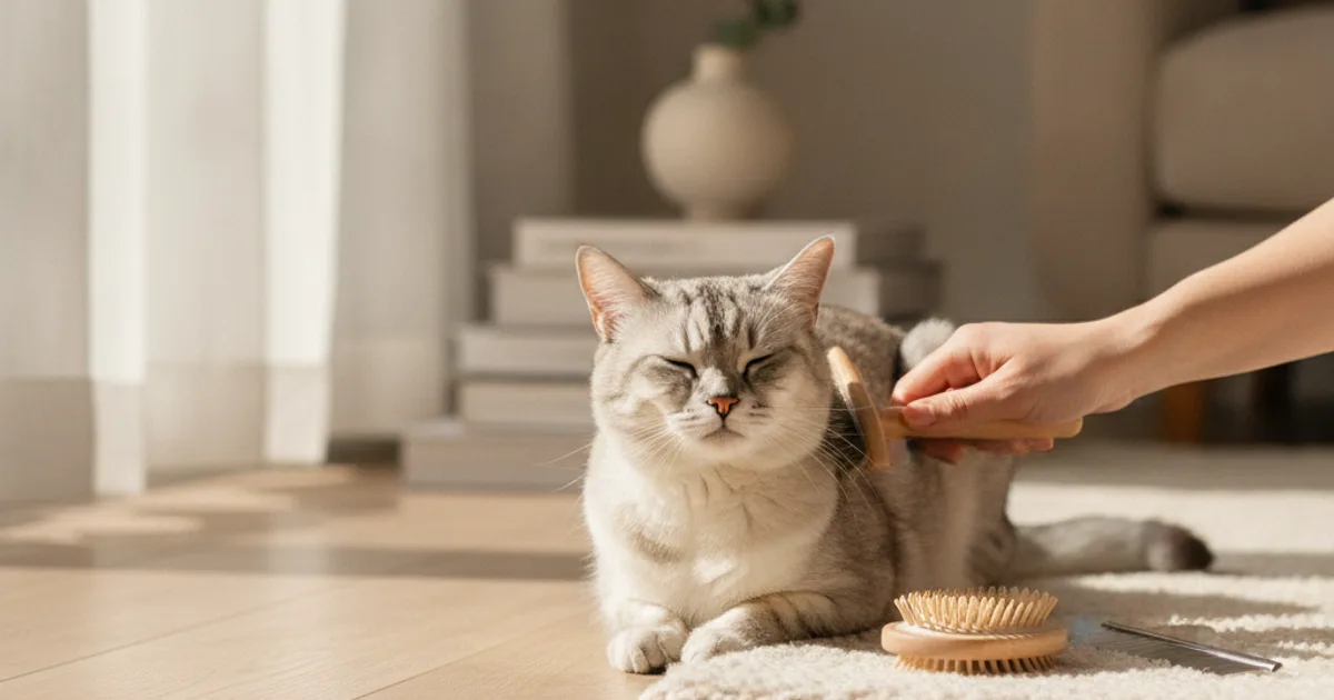 Chat serein pendant un brossage, brosse et peigne posés à côté