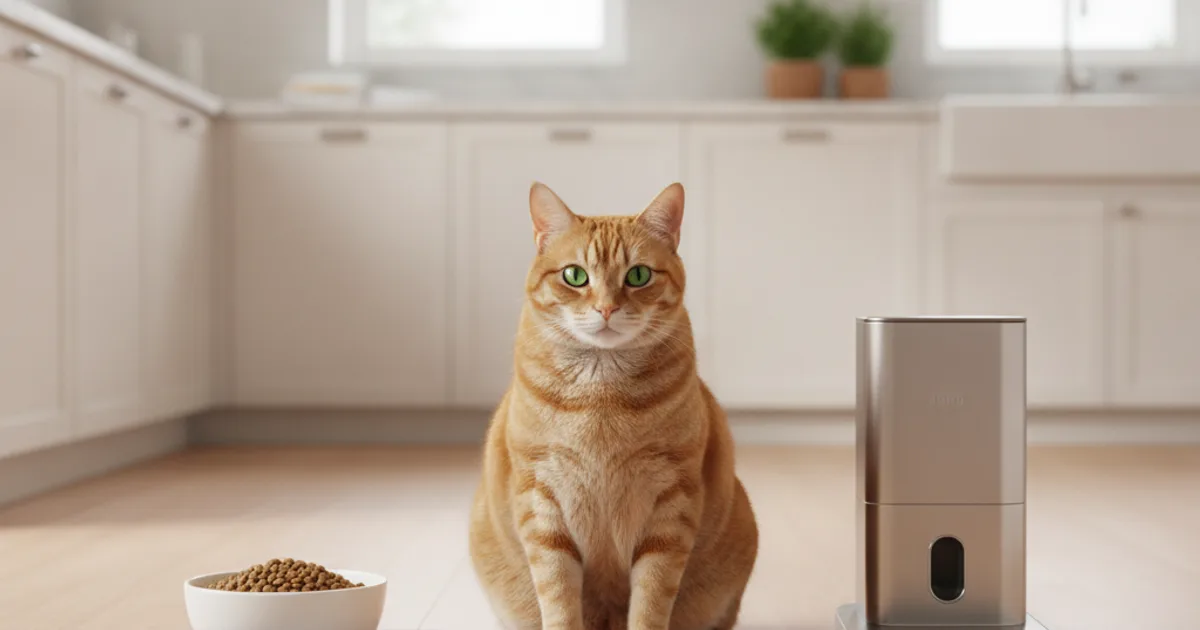 Chat assis près d'une gamelle et d'un doseur de croquettes