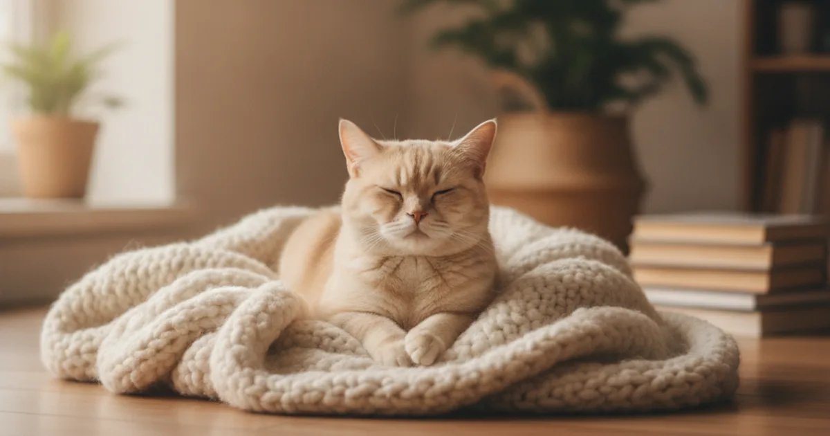 Chat détendu aux yeux mi-clos, blotti sur un plaid