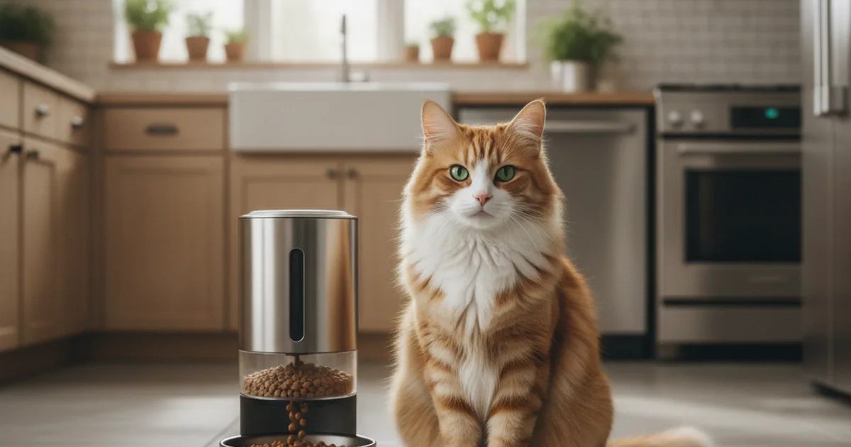 Un chat domestique mangeant des croquettes dans sa gamelle en inox à la maison.