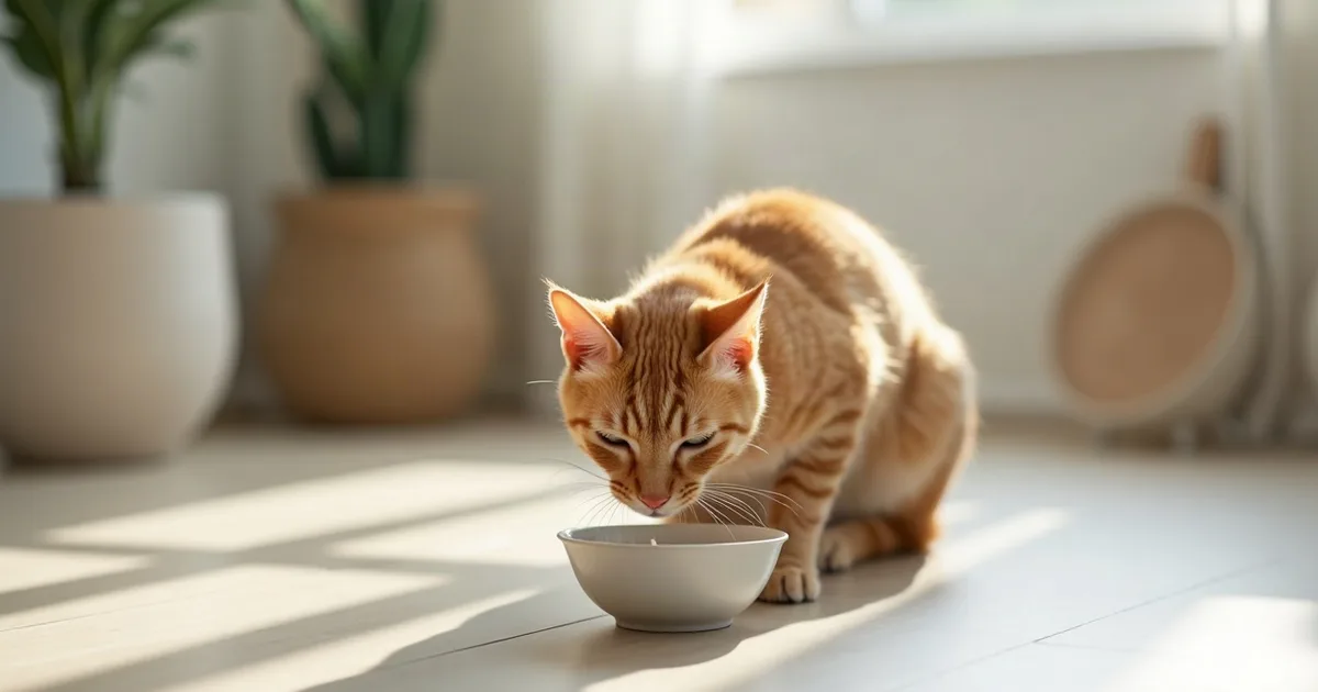 Un chat roux à la silhouette fine qui mange dans une gamelle en céramique, dans une cuisine claire.
