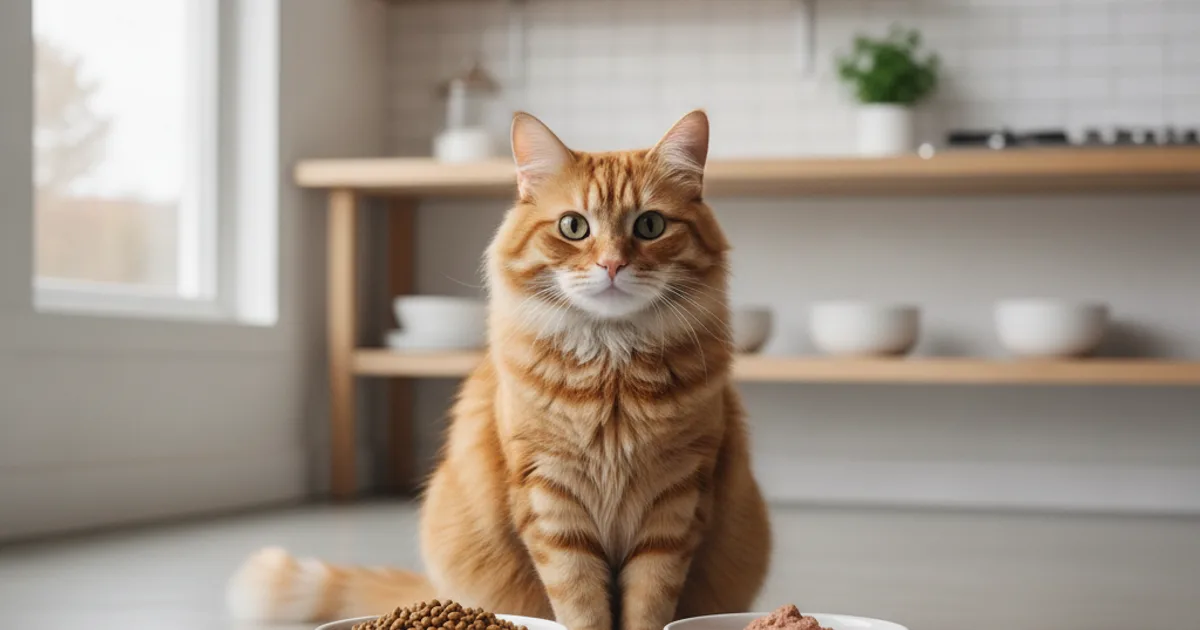 Chat assis devant deux gamelles, croquettes et pâtée