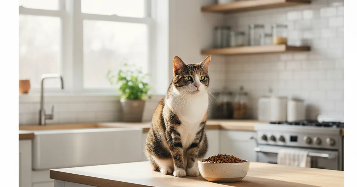Un chat domestique devant sa gamelle de croquettes de haute qualité.