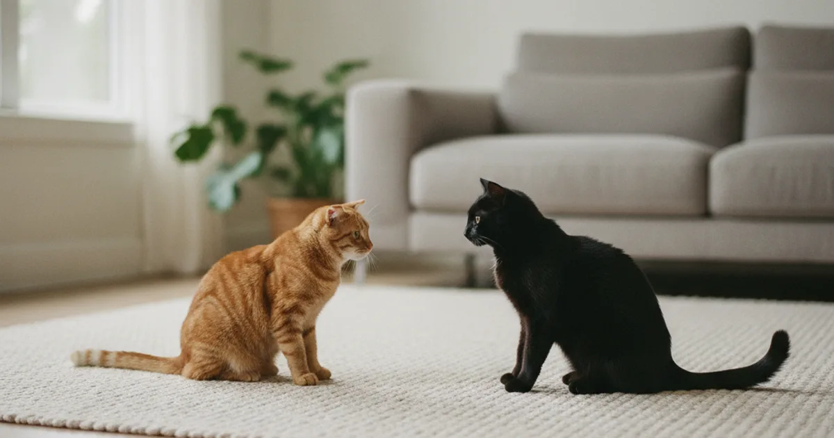 Deux chats face à face sur un tapis dans un salon