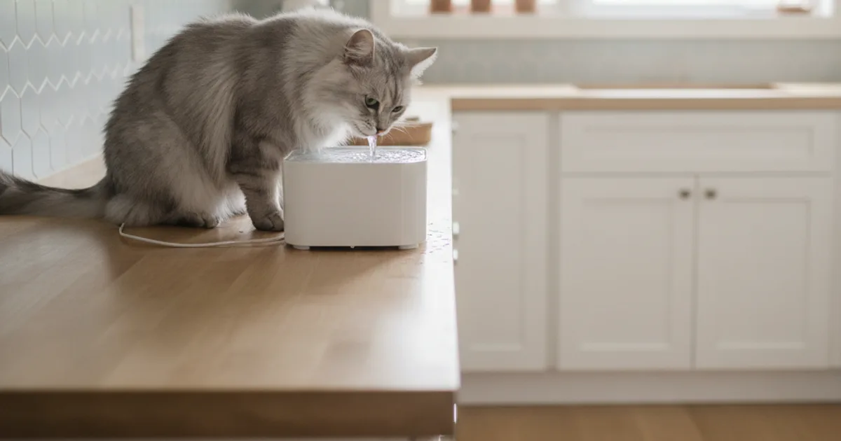 Une fontaine à eau en céramique blanche pour chat avec un filet d'eau qui coule.