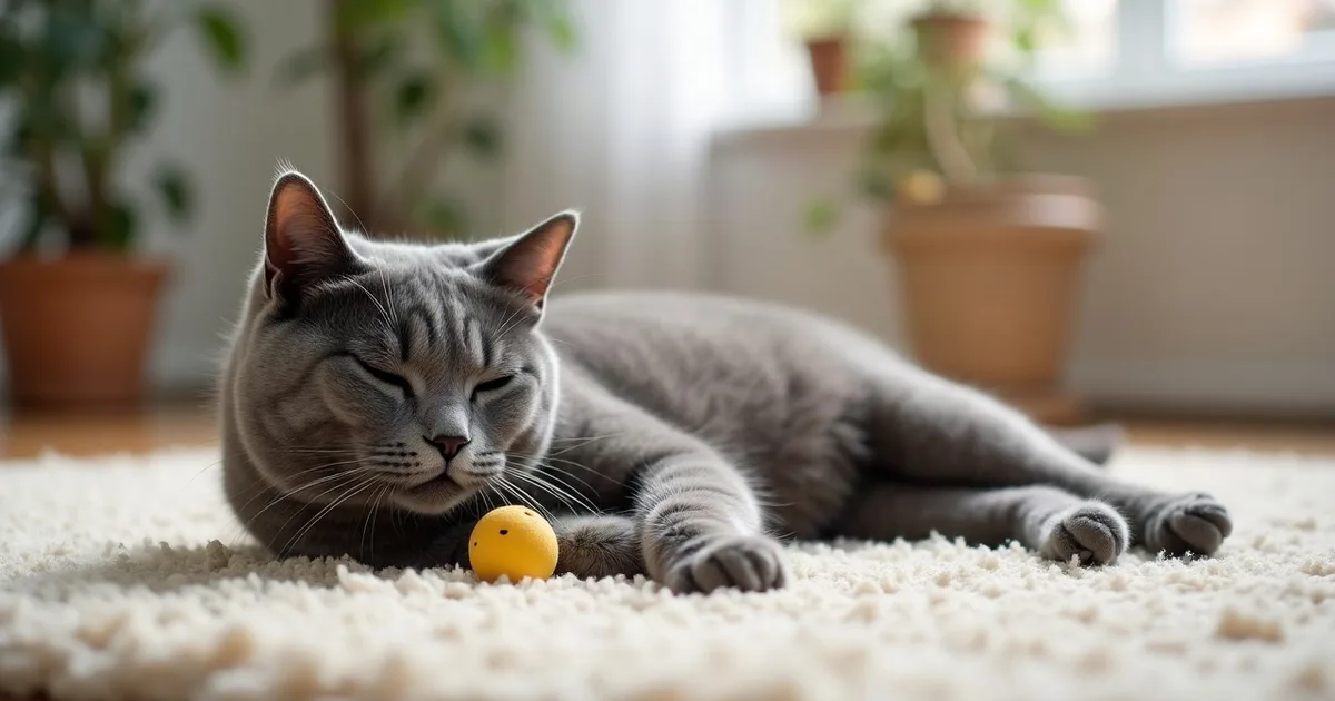 Un chat gris couché sur le flanc qui frotte sa joue contre un petit jouet à la cataire, sur un tapis en laine.