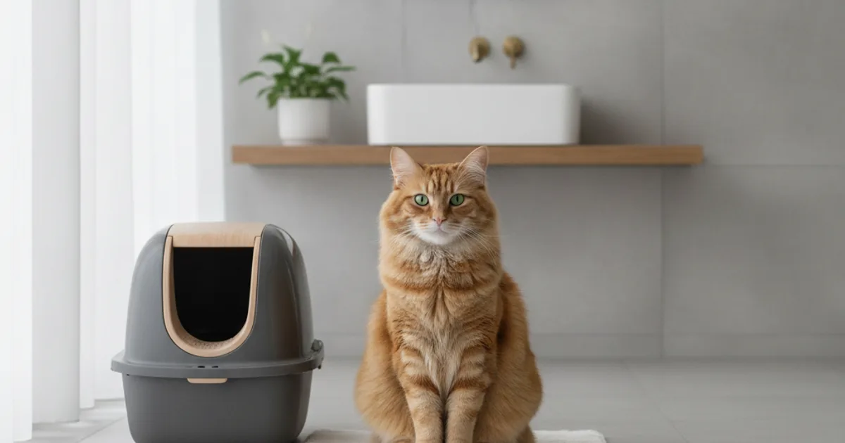 Chat assis à côté d'un bac à litière moderne dans une salle de bain claire