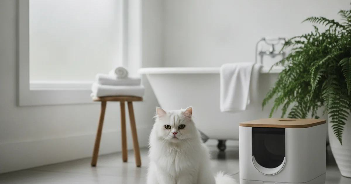 Chat serein dans une salle de bain claire, à côté d'un bac à litière