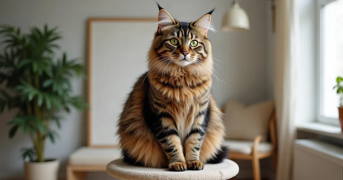 Un grand maine coon tigré brun aux oreilles à plumets, assis sur un arbre à chat haut et stable.