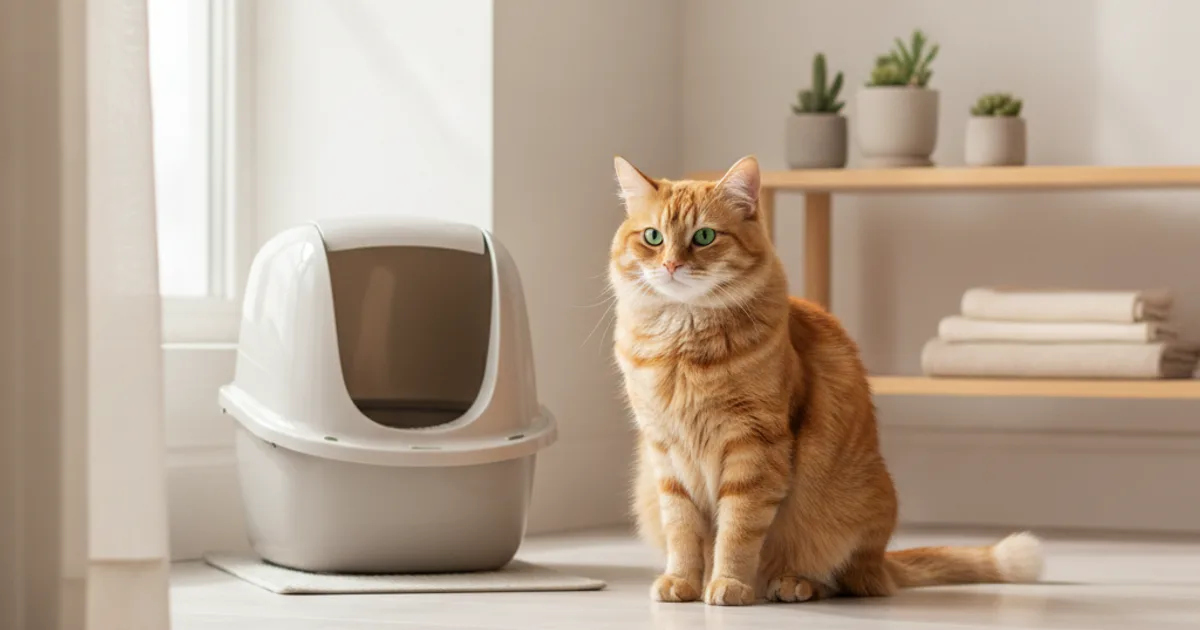 Chat près d'un bac à litière propre dans un intérieur lumineux