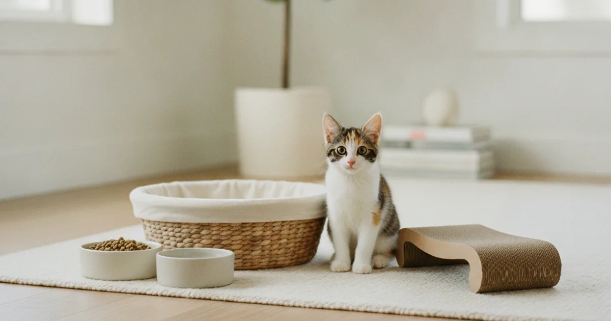 Chaton à côté d'un panier, d'une gamelle et d'un griffoir neufs