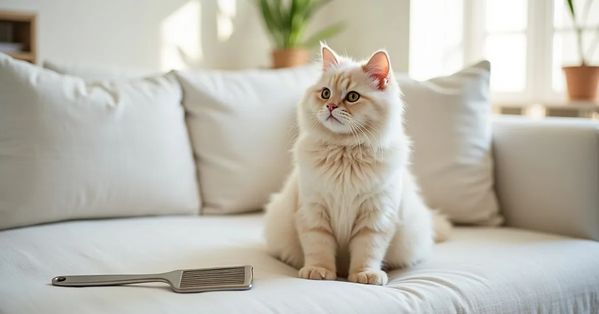 Un chat crème assis sur un canapé blanc, à côté d'un peigne fin en métal.