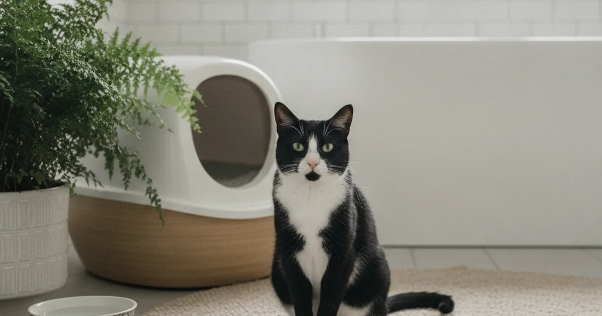Un tapis de litière gris alvéolé posé devant la maison de toilette d'un chat
