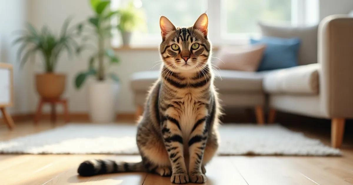Un chat tigré en bonne santé assis bien droit sur un parquet clair, dans un salon lumineux.